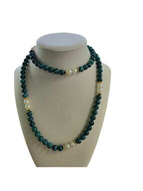 Vintage Malachite Pearl Gold Bead 30" Necklace Stunning Unknown Material